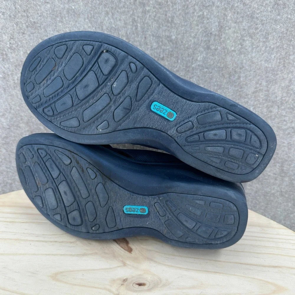 Bzees Desire Navy Blue Stretch Fabric Cross Strap Wedge Sandals 9.5 Slip On Shoe